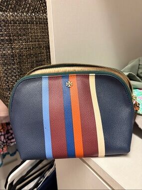 Tory Burch Navy Leather Pouch with Multi-Color Stripes